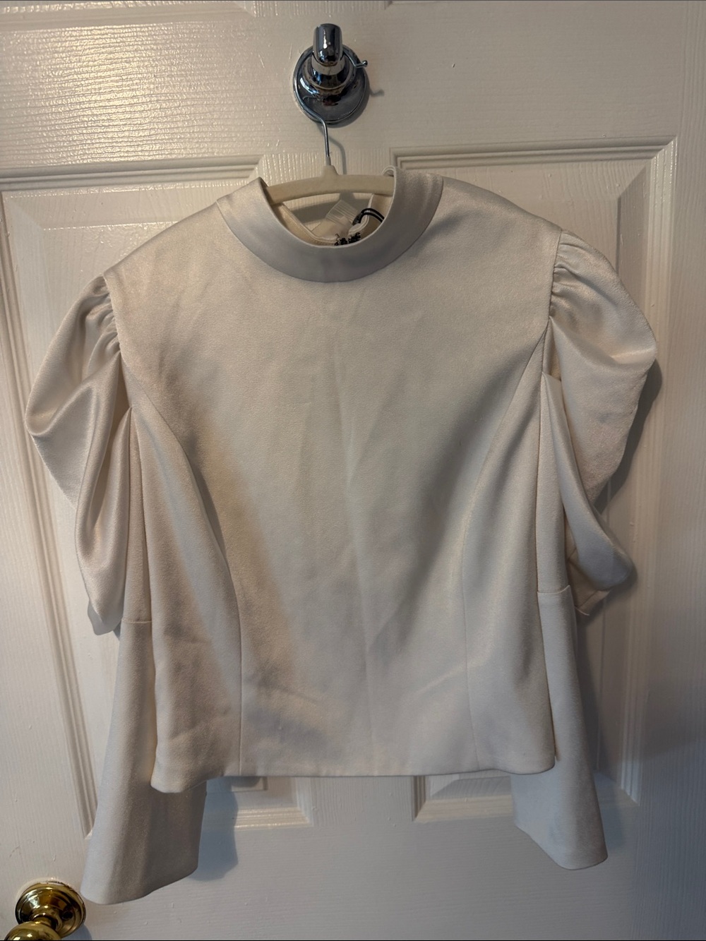 Alice + Olivia Cream Puff-Sleeve Mock-Neck Blouse